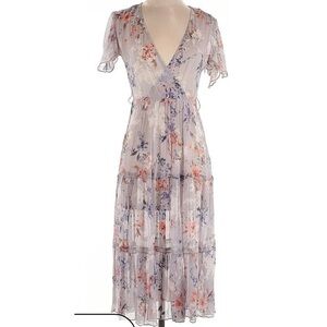 Sundance Sheer Floral V-Neck Midi Dress Medium